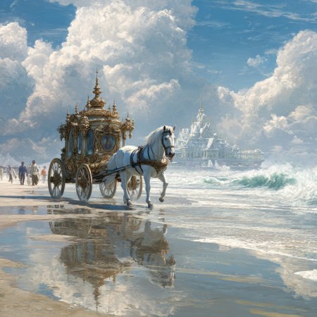 An illustration depicts a detailed horse-drawn carriage on a reflective beach. The artwork features a golden carriage pulled by a white horse. The scene is bathed in sunlight, with a cloudy sky providing a contrasting backdrop. This image could be suitable for various commercial or editorial applications.の素材