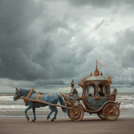 An elaborately decorated carriage, pulled by a horse, is featured against an overcast sky above a beach. The composition showcases detailed textures, contrasting colors, and a classical design. This image evokes fantasy and timeless aesthetics suitable for editorial and commercial applications.の素材