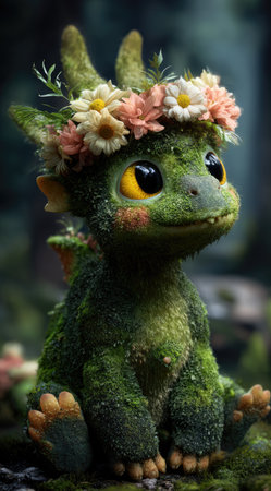 A charming dragon figure is depicted adorned with a delicate floral crown. The creature features moss-like textured skin, big expressive eyes, and soft details. The scene showcases soft lighting, creating a warm ambiance. Suitable for illustrations, fantasy projects, and creative editorial content, this image evokes a sense of wonder.の素材