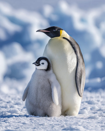 An adult emperor penguin stands beside its chick in a snowy, icy environment. The image displays a clean composition, showcasing the animals against a blurred backdrop of blue and white hues. Suitable for nature-themed projects, educational content, or illustrative purposes, this image provides copy space.の素材