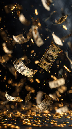 Dollar bills cascade downwards against a black backdrop, suggesting abundance. The composition features currency in sharp focus, enhanced by golden particles, creating a dynamic visual effect. The lighting is focused, highlighting the details of the bills. This image is suitable for illustrating themes of wealth, investment, or financial achievement.の素材