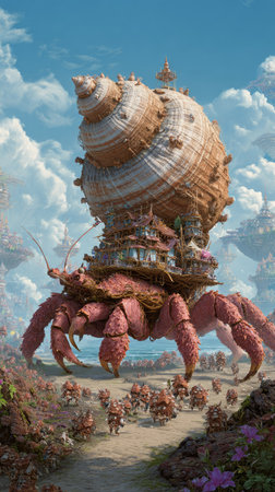 An imaginative illustration showcases a large crustacean-like creature carrying a complex shell structure. The artwork presents a fantastical design, featuring reddish hues, intricate details, and a surreal environment. This image is suitable for various commercial applications, including editorial projects, and creative content.の素材