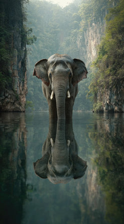 An elephant stands in still water, reflecting its form against a background of canyon walls. The image displays a cool color palette with natural lighting. This composition, featuring the animal in its environment, is suitable for diverse commercial and editorial purposes.の素材