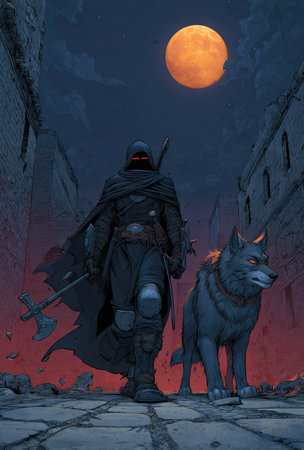 A hooded figure and a wolf are illuminated by a large full moon in a dramatic night scene. The artwork features a dark, digital painting style with a focus on silhouette and shadow. The setting suggests a fantasy world environment, suitable for various editorial and promotional purposes.の素材