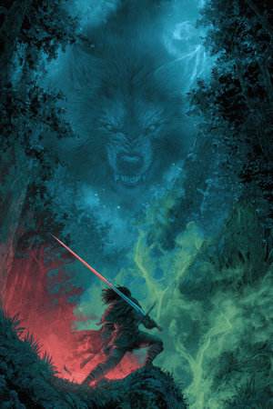 A figure, sword raised, confronts a spectral wolf head within a dynamic illustration. Deep greens and blues dominate the composition, contrasted by red and white light effects. The style suggests a fantasy theme. Ideal for commercial applications related to gaming, book covers, and digital media, this image has copy space.の素材