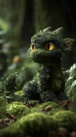 A whimsical fantasy creature, resembling a small dragon, is depicted in a natural woodland setting. It features a textured body composed of moss and leaves, with striking yellow eyes. The composition employs soft lighting and a blurred background, suggesting a serene outdoor environment. This image is suitable for various commercial uses, including illustrations and digital art.の素材