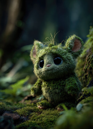 A charming, moss-covered creature with large, expressive eyes is captured in a forest environment. The image showcases rich green tones, soft textures, and selective focus, emphasizing the creature's detailed features. This style could be used for illustration, storytelling, or various conceptual designs, evoking wonder and fantasy.の素材