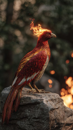 A vibrant bird with fiery plumage stands proudly on a stone. The image displays rich reds, oranges, and yellows against a blurred natural background. The bird is depicted with sharp detail. This image could be used for various purposes, including editorial and commercial projects.の素材
