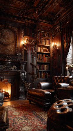 An interior showcases a vintage library featuring a fireplace, bookshelves, and leather armchairs. Warm colors, including browns and reds, dominate the scene. The lighting appears soft and warm, suggesting a cozy indoor setting. Suitable for various editorial and commercial applications related to interior design and leisure.の素材