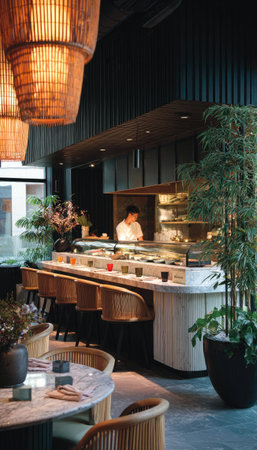 An upscale restaurant interior showcases a bar area with stools and decorative lighting. The composition features a chef, greenery, and neutral colors. The ambiance evokes a stylish setting for dining. Suitable for advertising, editorial, or commercial use, this image captures the restaurant's aesthetic.の素材