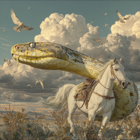 An unusual image depicts a large snake interacting with a white horse, set against a backdrop of fluffy clouds and soaring doves. The artwork features a surreal composition with a soft color palette. This image could be used for various purposes including creative design projects and editorial content.の素材