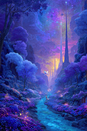 This fantasy landscape depicts a river winding through a forest of luminous trees and purple flora. The artwork showcases a digital painting style with a rich palette of blues, purples, and touches of gold. The scene has a dreamlike quality and could be suitable for various editorial and commercial applications.の素材