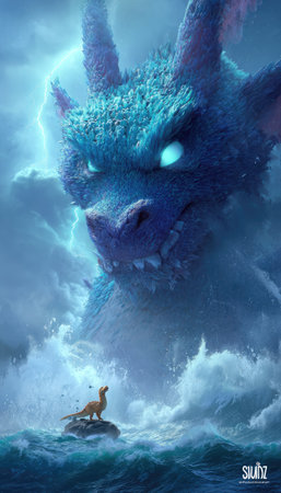 A fantastical illustration depicts a large, blue, horned creature emerging from stormy clouds. Its eyes glow as lightning flashes. A small, golden-brown animal stands on a rock in the foreground. The artwork features dramatic lighting, detailed textures, and a fantastical style. Ideal for illustrative and imaginative commercial uses.の素材