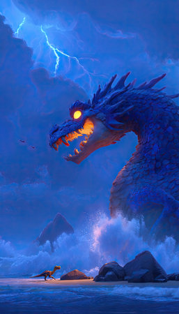 An illustration depicts a majestic blue dragon amidst a dramatic night scene. The artwork features dynamic lighting from a lightning storm, creating shadows and highlights across the dragon's scales. The style is illustrative with digital painting techniques. Suitable for use in fantasy stories, digital art projects, and conceptual designs.の素材
