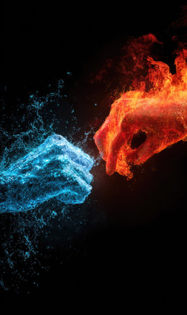 Two hands, one ablaze with fiery orange, the other formed of icy blue particles, approach each other against a dark backdrop. The composition highlights contrasting textures and colors, creating a dynamic visual effect. Suitable for illustrating concepts related to energy, conflict, or cooperation, and for various design projects.の素材