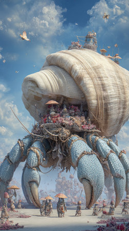 An imaginative artwork depicts a large crustacean-like creature carrying a massive shell, surrounded by miniature figures. The scene is bathed in bright daylight under a cloudy blue sky. Textures are varied, with a focus on details. This image is suitable for use in fantasy illustrations, digital art projects, and creative editorial content.の素材
