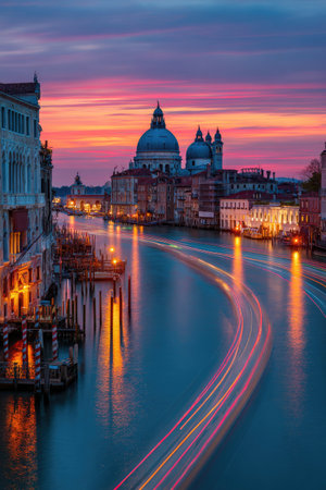 An evening view captures a cityscape featuring ornate buildings and a flowing water canal. The sky displays vibrant hues of pink, orange, and purple during sunset, reflecting in the water. The composition highlights architectural details with warm lighting. This image could serve various purposes like travel blogs, editorials, or promotional visuals.の素材