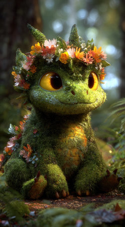 A whimsical dragon creature, adorned with a vibrant floral crown, is depicted amongst lush green foliage. The artwork exhibits a detailed texture, capturing a charming character with large eyes. The lighting suggests a natural, outdoor setting, possibly a dense forest. This imagery could be suitable for various editorial and commercial applications.の素材