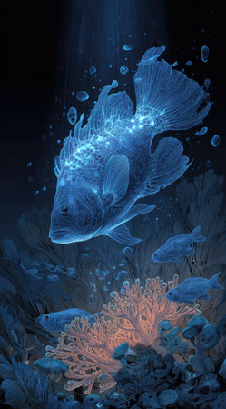 An ethereal illustration depicts a large blue fish swimming amidst coral and bubbles. The artwork features a dark, underwater setting with soft lighting and a fantasy art style. Suitable for creative projects, this image could be utilized for various commercial and editorial purposes related to aquatic themes.の素材