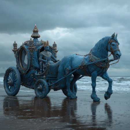 An elaborately decorated horse-drawn carriage stands on a wet beach, pulled by a matching blue horse. The scene is lit by diffused daylight under a cloudy sky, with the ocean in the background. This image could be used for conceptual art, illustration, or design projects. The overall style is reminiscent of a fantasy theme.の素材