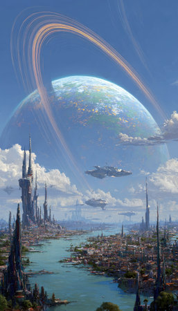 An imaginative cityscape with tall spires and a flowing river is set beneath a planet encircled by luminous rings. The scene is bathed in bright daylight with a clear blue sky, evoking a sense of wonder. Suitable for conceptual illustrations, science fiction, or fantasy content, this image can be used in various commercial applications.の素材