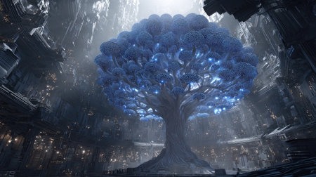 An ethereal tree with luminous blue foliage dominates the scene, set within a cavernous, otherworldly environment. The image showcases a blend of digital art with dark tones, contrasted by the bright blue, suggesting a fantasy or science fiction context. It could be used for various projects needing a touch of magic, such as book covers, games or digital art.の素材
