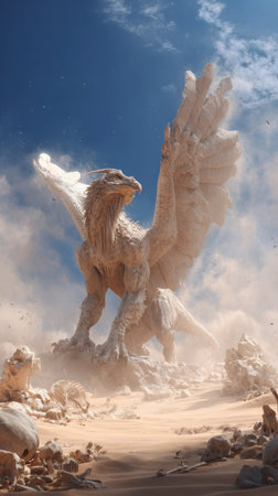 A mythical creature with large wings dominates the composition. The image showcases a desert environment with a bright blue sky partially obscured by clouds. The creature's light beige feathers contrast with the reddish-brown terrain. This image could be suitable for fantasy illustrations or conceptual projects.の素材