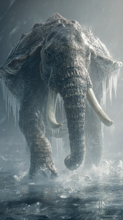 A digital artwork displays a large elephant partially submerged in water, its form encased in ice. The image utilizes a cool color palette with shades of gray and blue, with sharp details and textured surfaces. This illustration could be used for fantasy book covers, promotional materials, or various creative projects.の素材