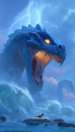 A digital illustration showcases a majestic dragon emerging from water, its scales shimmering. The artwork features dynamic lighting highlighting the creature's form. The composition suggests an epic, fantasy setting, with potential uses in gaming, book covers, or conceptual art projects. The color palette is dominated by blues and oranges.の素材