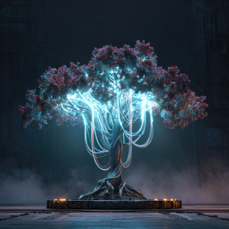A digitally rendered fantasy tree with a glowing, intricate network of light. The image displays a stylized tree with deep red and teal colors, enhanced by digital effects. The composition may imply a conceptual theme for design or artistic use, suitable for illustrations. This visual could be used for backgrounds.の素材