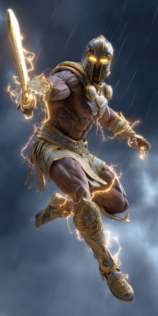 A powerful warrior is depicted mid-action, wielding a glowing weapon. The character displays a dynamic pose against a dark, dramatic background. The image showcases detailed textures and a vibrant color palette, enhanced by dynamic lighting. This artwork would be fitting for editorial illustration and commercial use in various contexts.の素材