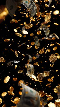 This image presents a dynamic arrangement of falling United States dollar bills and golden coins set against a stark black background. The composition employs a selective focus, with the money appearing to cascade downwards. The visual style uses a dramatic lighting scheme, potentially suitable for various commercial projects.の素材