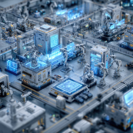 An overhead view reveals a complex factory setting featuring robotic arms, glowing displays, and intricate architectural structures. The scene is dominated by cool blue and gray tones, with illuminated panels and digital interfaces. This image could be used in technological, industrial, or futuristic design projects, offering versatile visual appeal.の素材