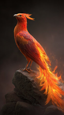 An illustration depicts a vibrant phoenix, its plumage a blend of orange and red hues. The bird is perched on a rocky surface, set against a dark background. The artwork's style and lighting suggest a fantasy theme. Suitable for various creative projects, including editorial features and visual concepts.の素材