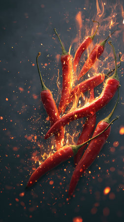 This image features several vibrant red chili peppers, appearing with animated flames and sparks. The composition utilizes a dark background, creating contrast and emphasizing the peppers. The visual style employs dynamic lighting and texture to illustrate the subject. The image could be used for food, culinary, or promotional purposes.の素材