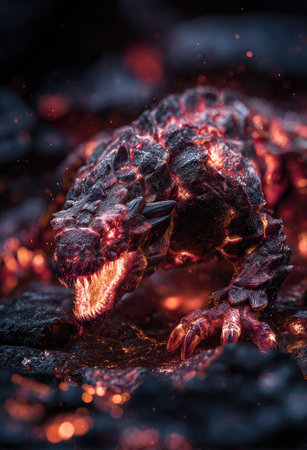 A close-up view presents a mythical dragon composed of lava and stone. The creature features a dark, textured skin with glowing red and orange details. The composition employs dramatic lighting, evoking a sense of fantasy. Suitable for use in conceptual designs or creative editorial projects.の素材