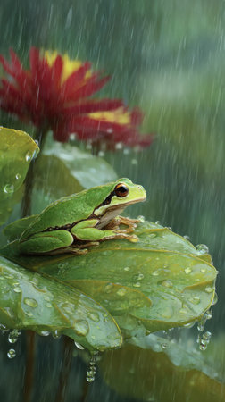 A vibrant green frog rests on a large leaf covered in raindrops. A red flower is slightly out of focus in the background. The scene is illuminated by diffused lighting, suggesting an outdoor environment during precipitation. This image could be used for various commercial or editorial purposes.の素材