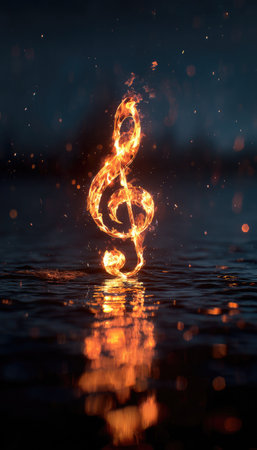 An illuminated treble clef symbol composed of flames floats above reflective water. The image features warm orange and yellow hues, with a blurred background. The composition suggests a nighttime setting with soft lighting. Suitable for use in various creative and design projects, as well as educational materials.の素材