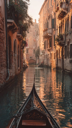 A gondola glides through a canal lined with aged buildings. The scene is illuminated by warm sunlight, casting long shadows. This image showcases a classical architectural style. Suitable for travel promotions, editorial content, and various design projects requiring a sense of history.の素材