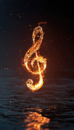 A glowing treble clef, rendered in fiery tones, appears to float atop rippling water. The image features a dark background, contrasted by the bright orange and yellow flames. The composition suggests a sense of magic, music, and energy, with potential applications for artistic and creative projects.の素材