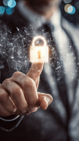 A close-up view presents a finger interacting with a glowing padlock, suggesting data security. The digital illustration incorporates interconnected lines and particles, creating an atmosphere of technological sophistication. Soft lighting and bokeh effects contribute to a modern, clean visual style. Suitable for illustrating themes of digital security, online protection, or technology concepts.の素材