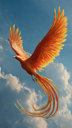 A vibrant phoenix, rendered with shades of orange and yellow, takes flight against a backdrop of a bright, cloudy sky. The digital artwork showcases a dynamic pose with extended wings and flowing tail feathers. The artwork may be suitable for fantasy illustrations, symbolic projects, or artistic designs.の素材