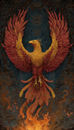 An artistic illustration features a phoenix in mid-flight, displaying vibrant red and yellow plumage. The bird's wings are spread against a textured, dark background. Flames rise from below, suggesting a scene of rebirth and transformation, with potential applications for editorial content and creative projects.の素材