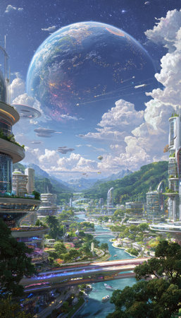 A digital illustration showcases a futuristic cityscape under a large planet and a sky filled with clouds. The scene incorporates tall buildings, bridges, and a river winding through the landscape. The image uses vibrant colors and detailed textures. This artwork is suitable for various commercial purposes and can be utilized in editorial content.の素材