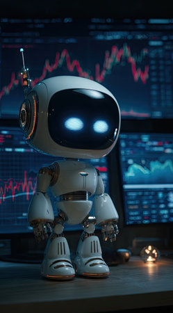 A stylized robot stands before a series of computer screens displaying financial charts. The scene is illuminated by soft, blue lighting, suggesting a digital environment. The robot's design emphasizes smooth, white surfaces with dark accents. This image could be used for illustrations related to finance, technology, or automation in a commercial context.の素材