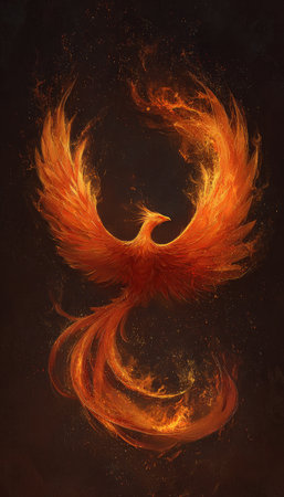 A vibrant illustration portrays a phoenix engulfed in flames. The bird's form is defined by fiery hues of orange and red, with a dynamic, upward-sweeping composition. The image's dark background accentuates the radiant textures and patterns. Suitable for various creative projects and design applications that require an artistic touch or fantasy themes.の素材