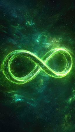 An illuminated infinity symbol is the focal point, presented against a dark backdrop. The symbol shines with a vibrant green hue, creating a contrast with the darker tones. The composition employs a digital art style. This image is suited for use in conceptual designs or editorial projects.の素材