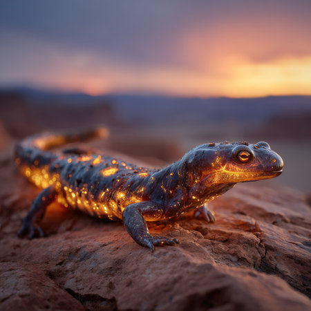 A close-up depiction showcases a salamander perched on a rock. Its skin appears to glow with warm colors. The scene has a shallow depth of field, with the background blurred, revealing an orange sunset. This image is suitable for various commercial purposes, including nature-themed content.の素材