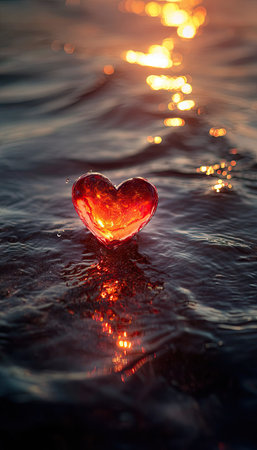 A heart-shaped object illuminated by warm light rests on a rippled water surface. The image displays a play of light and shadow with a soft focus. The composition emphasizes the heart's form. This visual may be used in projects that convey concepts like love or affection.の素材