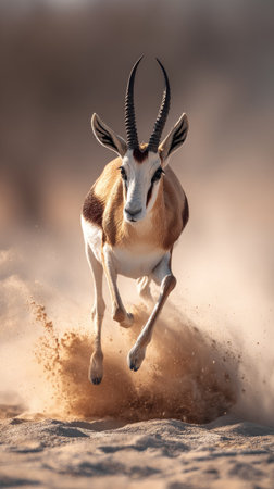 A gazelle, captured mid-leap, dominates the frame with its powerful form. Its tan and white coat contrasts against a blurred, sandy environment. The composition emphasizes movement with kicked-up dust, hinting at open, sunlit spaces. This image offers versatile applications across various media platforms.の素材